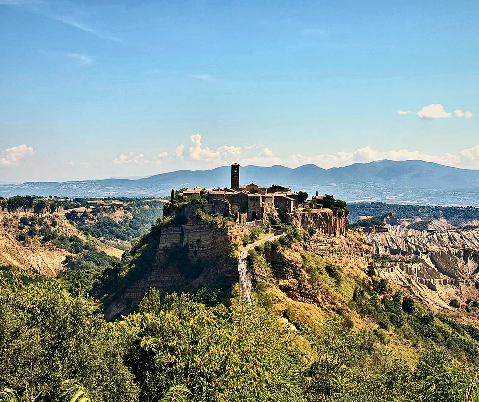 A hilltop town in central Italy above a green valley